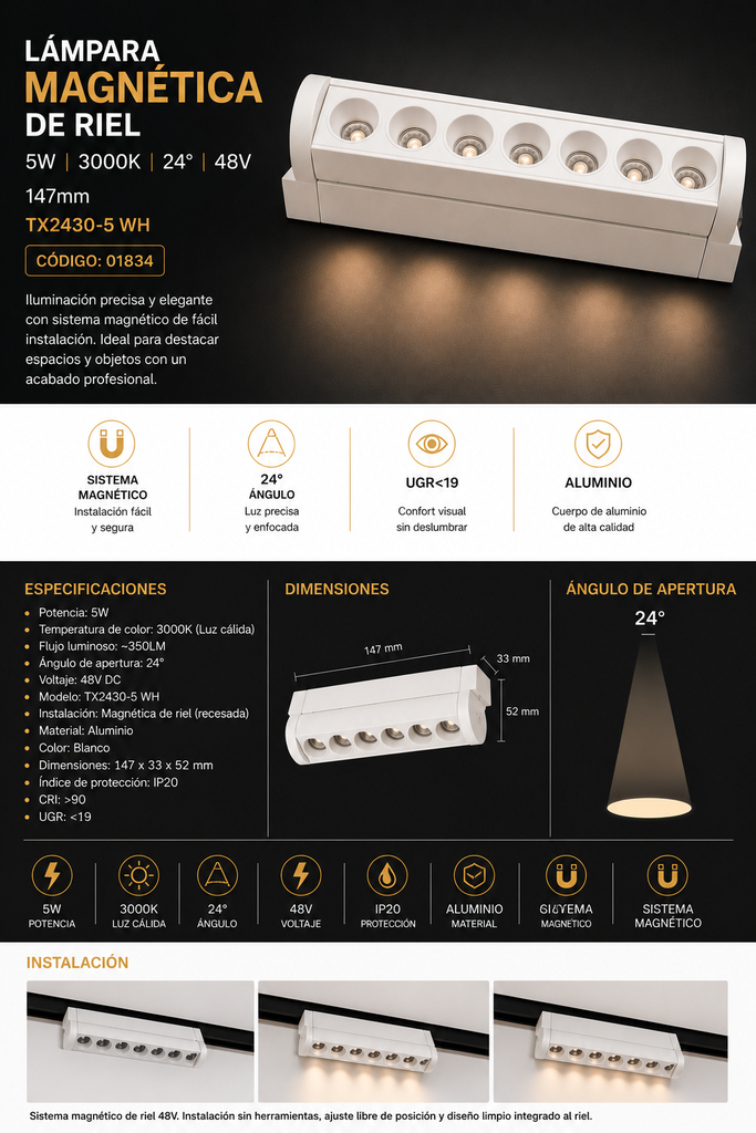 Lampara Magnética de Riel 5W 3000K 147mm 24° 48 V 115*33*52 mm Recesada TX2430-5 WH Magnético