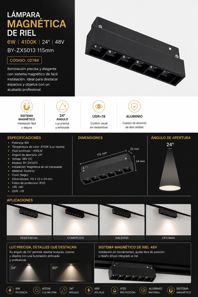 Lampara Magnética de Riel 6w 4100K 115mm BY-ZX5013 24° 48 V Recesada Magnético
