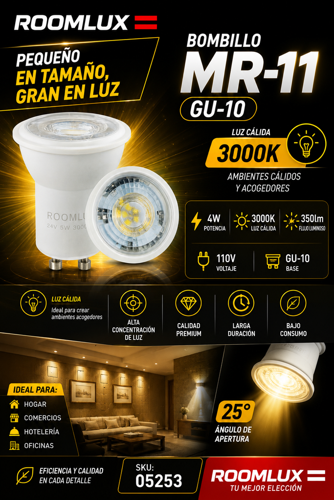 Bombillo 4w 3000K GU-10 MR-11 110V B04505-GU4 ROOMLUX