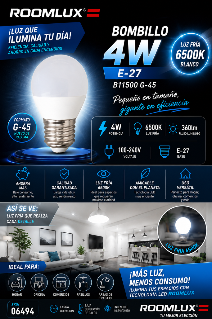 Bombillo 4W 6500K E-27 B11500 G-45 Blanco ROOMLUX Huevo de Paloma