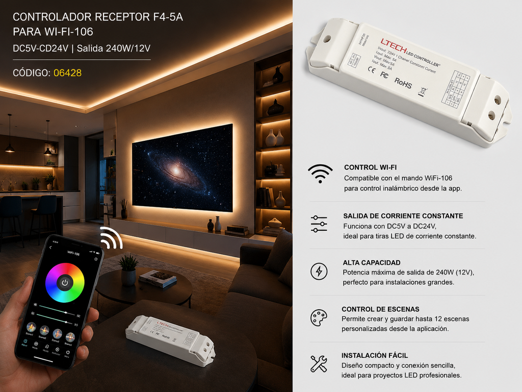 Controlador Receptor F4-5A para WI-FI-106 DC5V-CD24V Salida 240W/12V LTECH