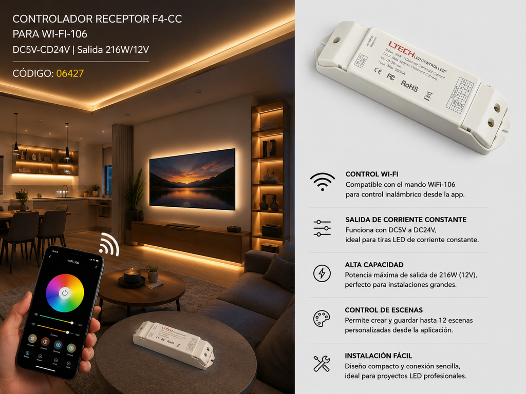 Controlador Receptor F4-CC para WI-FI-106 DC5V-CD24V Salida 216W/12V LTECH
