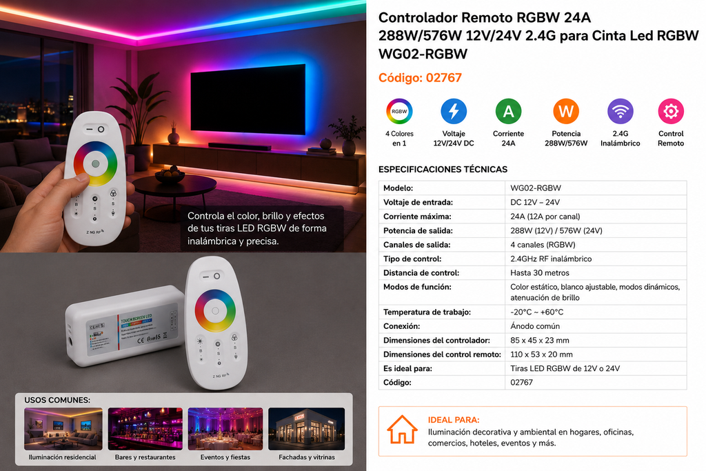 Controlador Remoto RGBW 24A 288W/576W 12V/24V 2.4 G para Cinta LED RGBW WG02-RGBW
