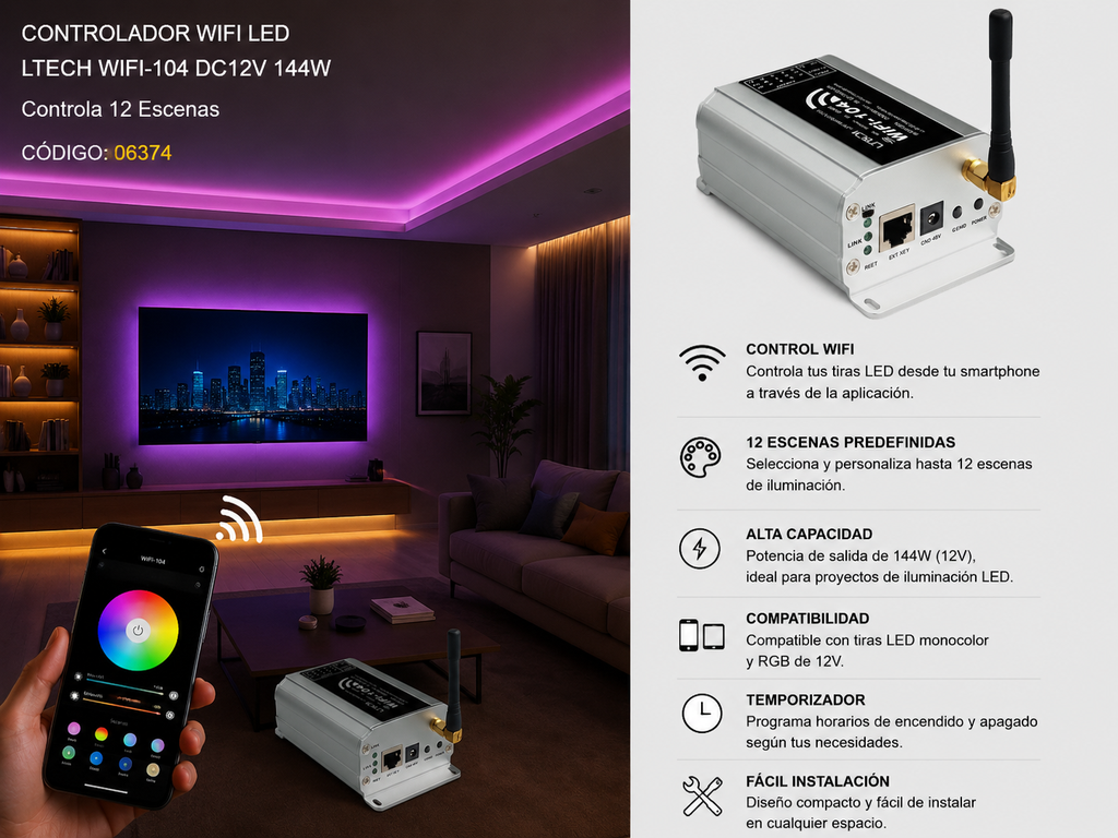 Controlador WIFI LED NET REF. WIFI-104 dc12v 144W LTECH Controla 12 Escenas