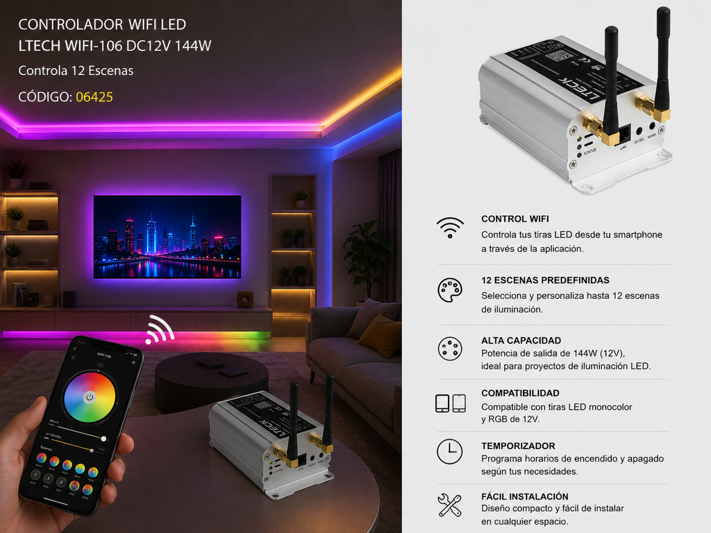 Controlador Wifi LED NET REF. WIFI-106 dc12v 144W LTECH Controla 12 Escenas