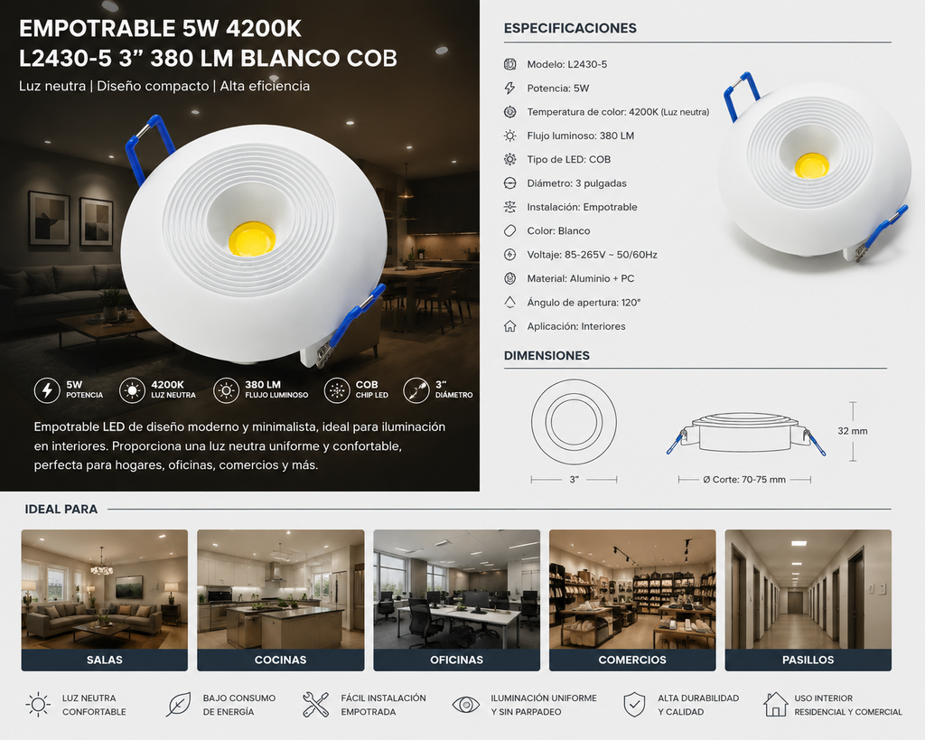 Empotrable 5W 4200K L2430-5 3" 380 LM BLANCO COB