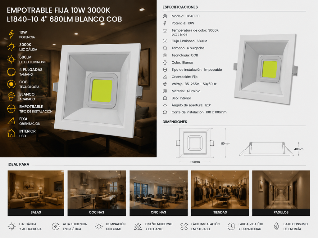 Empotrable Fija 10w 3000k L1840-10 4" 680LM Blanco COB