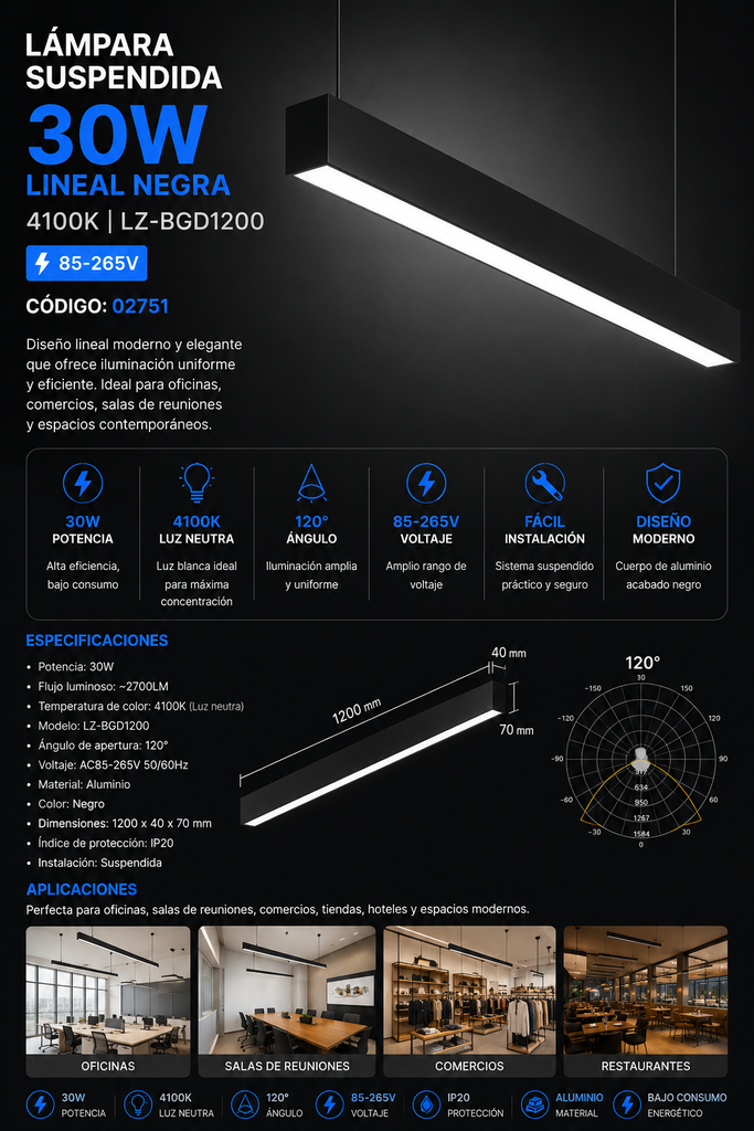 Lampara Suspendida 30w 4100k LZ-BGD1200 lineal NEGRA 120° 85-265V 1200X40X70