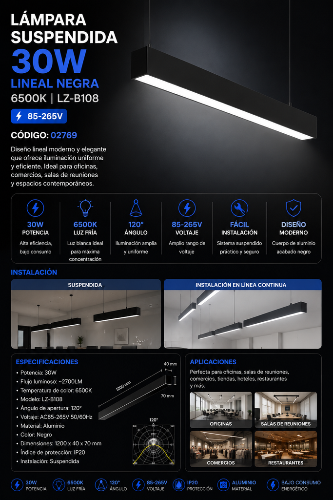 Lampara Suspendida 30w 6500k LZ-B108 Lineal NEGRA 120° 85-265V 1200X40X70