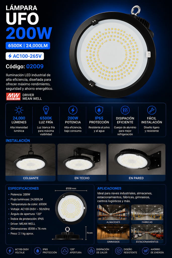 Lampara UFO 200W 6500K B60716 AC100-265V 24,000LM IP65 MEAN WELL DRIVER