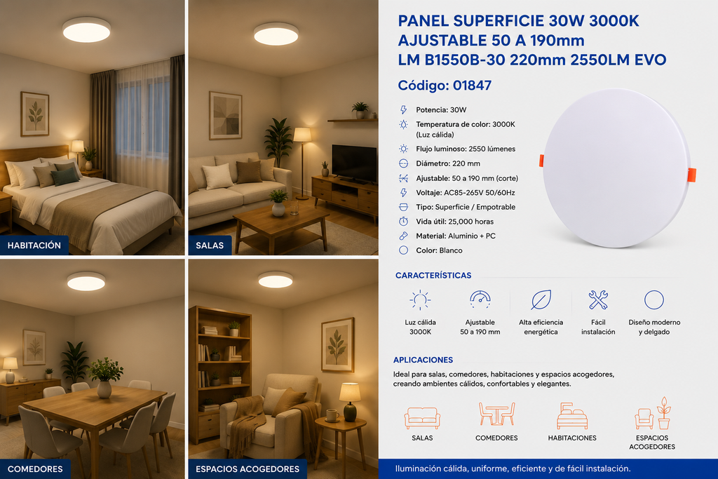 Panel Superficie 30W 3000K Ajustable 50 a 190mm LM B1550B-30 220mm 2550LM Evo