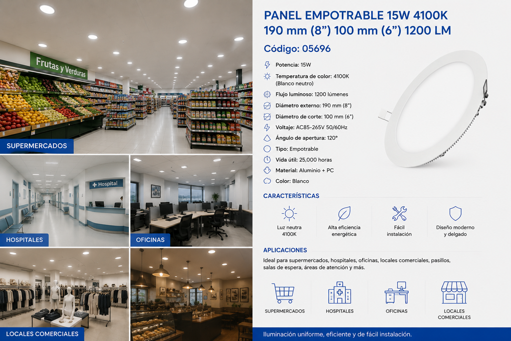 Panel Empotrable 15W 4100K 190 mm (8¨) 100 mm (6¨) 1200 LM B29705 ROOMLUX