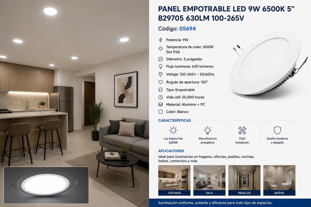 Panel Empotrable 9W 6500k 5" B29705 630lm 100-265v ROOMLUX