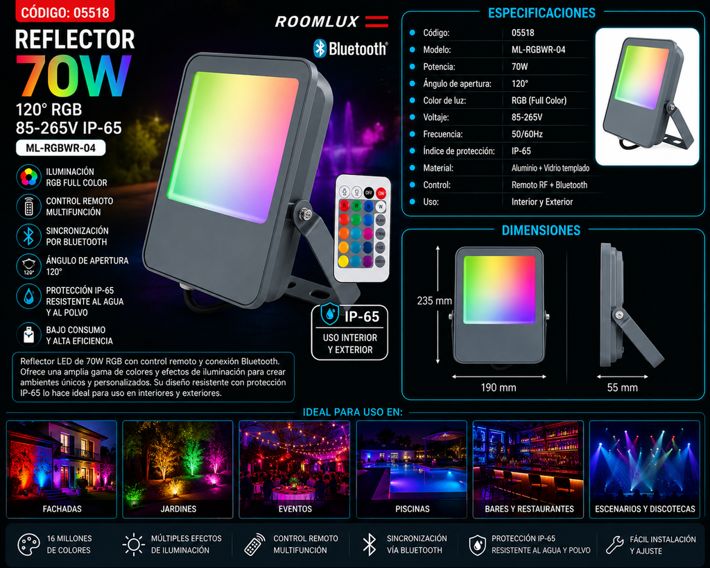 Reflector 70W 120° RGB 85-265V IP-65 Con Control Remoto ML-RGBWR-04