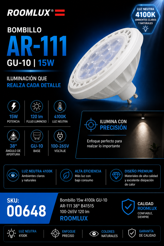 Bombillo 15w 4100k GU-10 AR-111 38º B41515 100-265V 120 lm ROOMLUX
