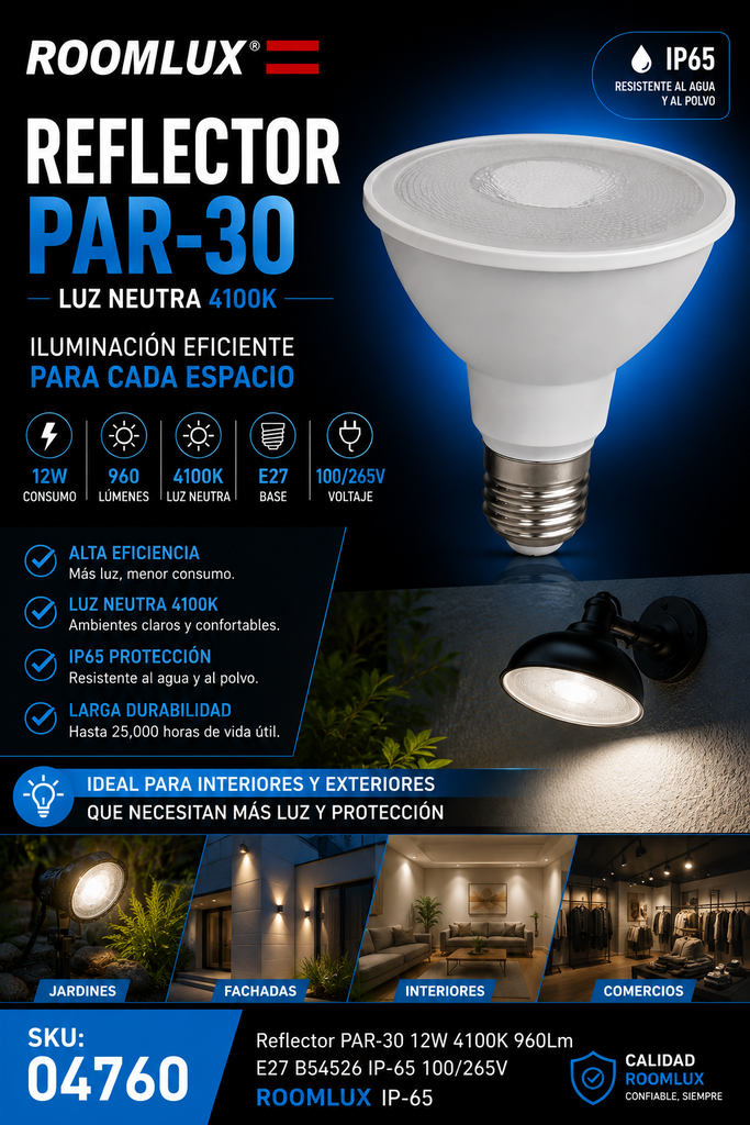 Reflector PAR-30 12w 4100K 960Lm E27 B54526 IP-65 100/265V IP-65 ROOMLUX