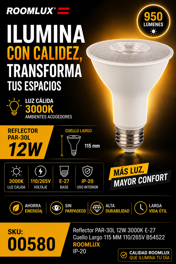 Reflector PAR-30L 12w 3000k E-27 Cuello Largo 115 MM 110/265V B54522 ROOMLUX IP-20