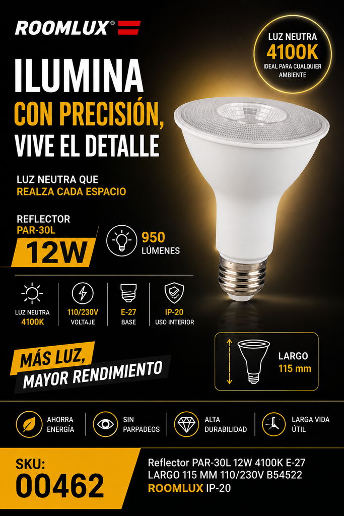 Reflector PAR-30L 12w 4100k E-27 LARGO 115 MM 110/230V  B54522 ROOMLUX IP-20