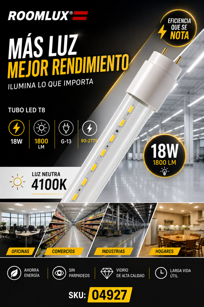 Tubo LED 18w 4100K Clear T8 G-13 B25515 90-277v 1800 lm Vidrio ROOMLUX
