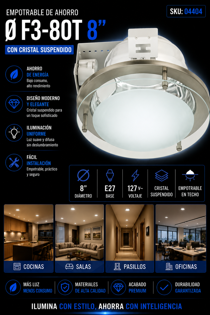 Empotrable de Ahorro Ø F3-80T 8″ con Cristal Suspendido Evoligth