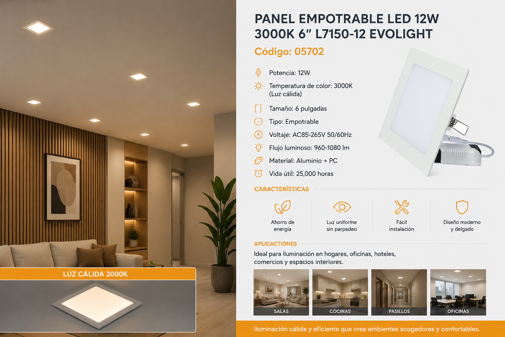 Panel Empotrable 12W 3000K 6"L7150-12 EVOLIGHT