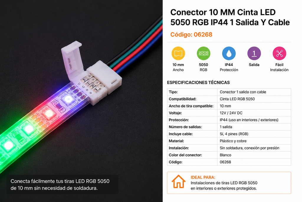 Conector 10 MM Cinta LED 5050 RGB IP44 1 Salida Y Cable