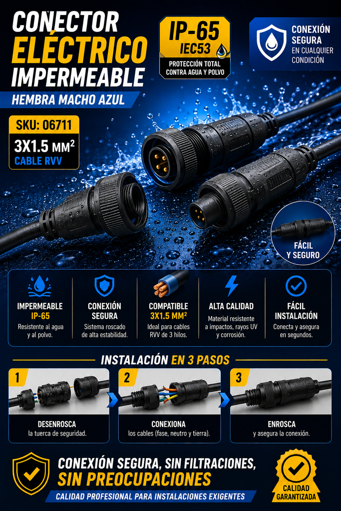 Conector Eléctrico Impermeable 3X1.5 MM2 Hembra Macho Azul IP-65 IEC53 RVV