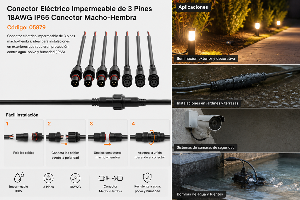 Conector Eléctrico Impermeable de 3 Pines 18AWG IP65 Conector Macho-Hembra