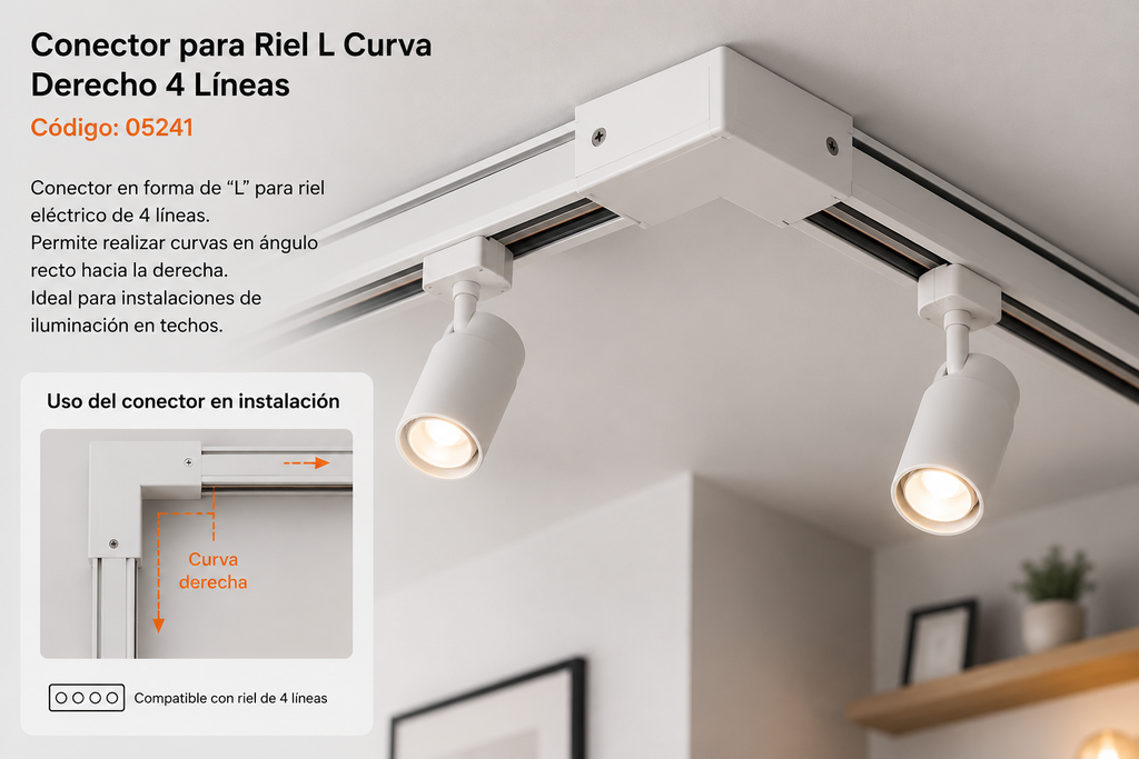 Conector para Riel L Curva Derecho 4 Líneas