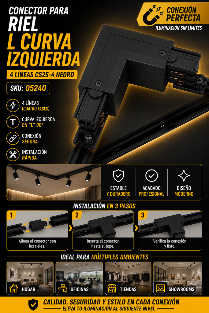 Conector para Riel L Curva Izquierda 4 Líneas CS25-4 Negro