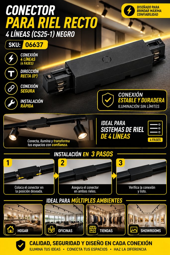 Conector para Riel Recto 4 Líneas CS25-1 Negro