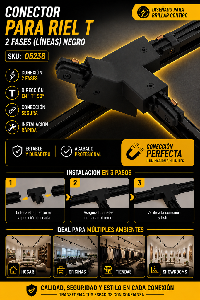 Conector para Riel T 2 Fases (Líneas) Negro