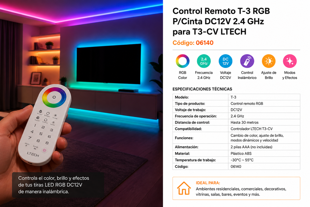 Control Remoto T-3 RGB P/Cinta DC12V 2.4 GH para T3-CV LTECH