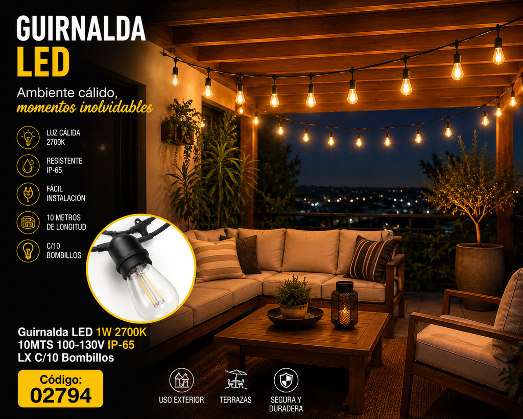 Guirnalda LED 1W 2700K 10MTS 100-130V IP-65 LX C/10 Bombillos