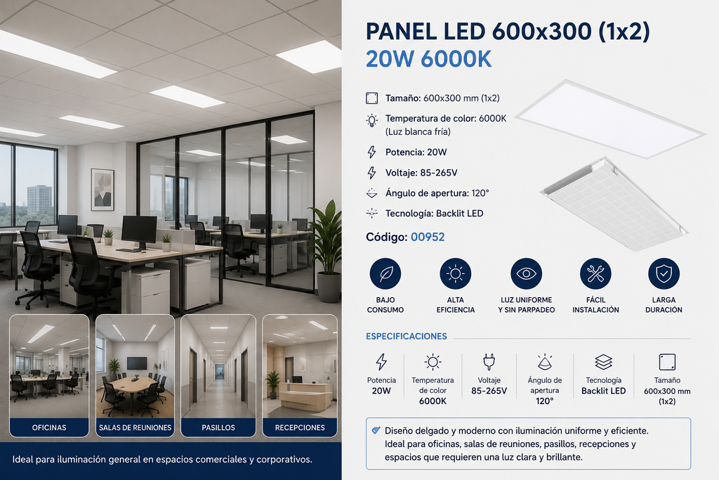 Panel 600x300 6000k 20w LZ-PB300X600 (1X2) 85-265V 120° Backlit Led