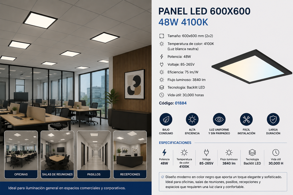 Panel 600X600 4100K 48w B29762 BK 85-265V 75/LM/W 3840 L/M Backlit Negro Roomlux 30,000h