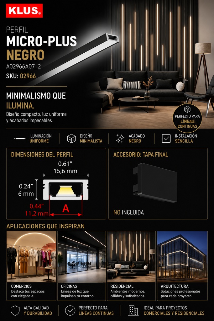 Perfil A02966A07_2 Negro MICRO-PLUS Aluminio KLUS