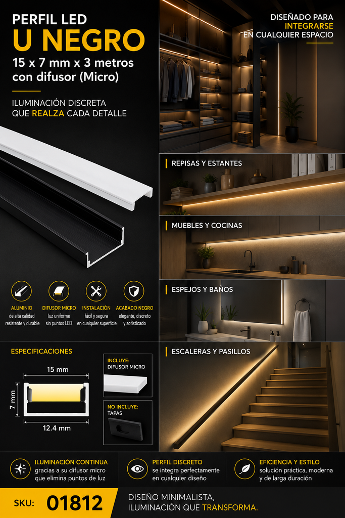 Perfil U 15 x 7 x 3 MT Negro Aluminio con Difusor (Micro)