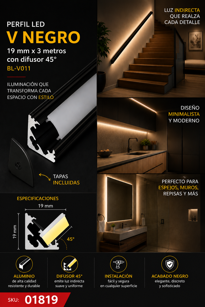 Perfil V Negro19 mm x 3 Metros con Difusor 45º BL-V011