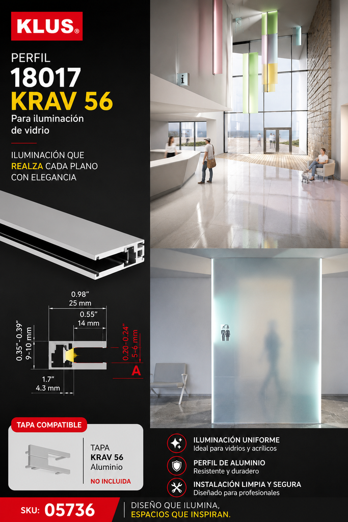 Perfil 18017 KRAV 56 para Iluminación de Vidrio KLUS