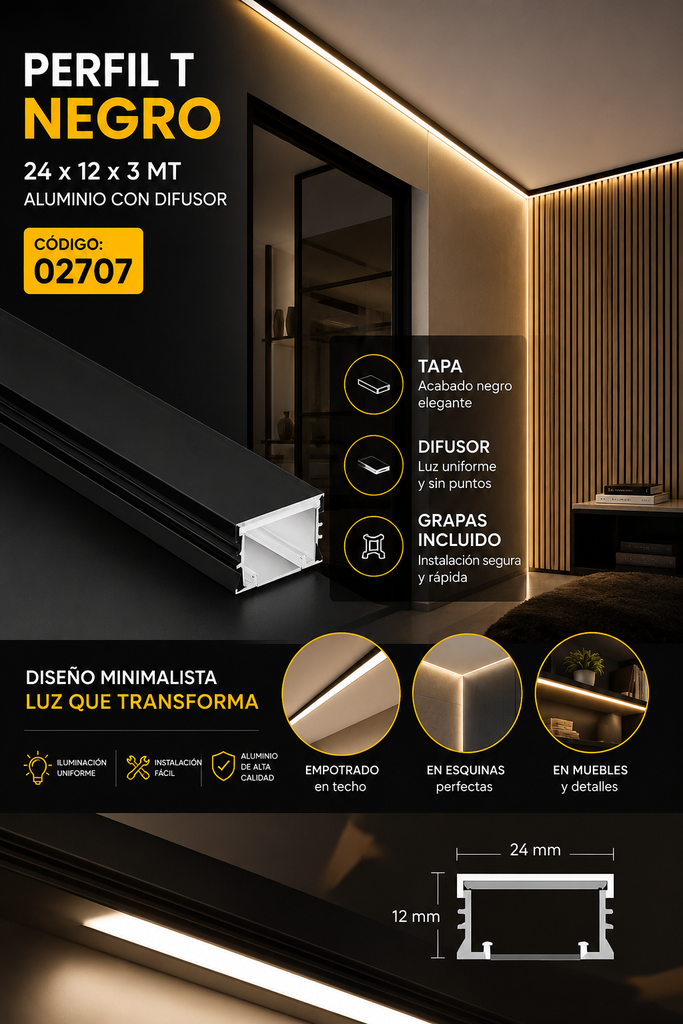 Perfil T Negro 24 x 12 x 3 MT Aluminio con Difusor