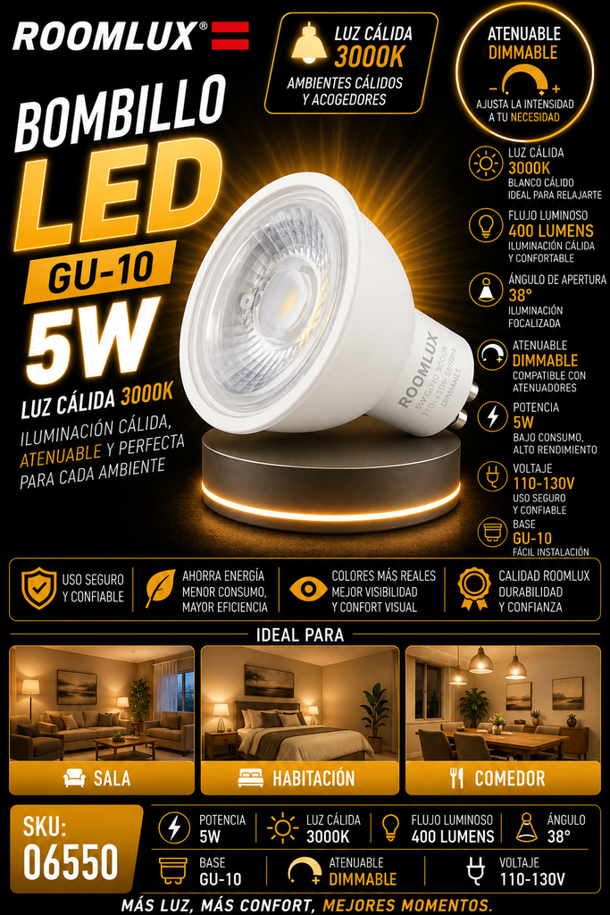 Bombillo 5w 3000k GU-10 B5585 dimeable 110-130V ROOMLUX
