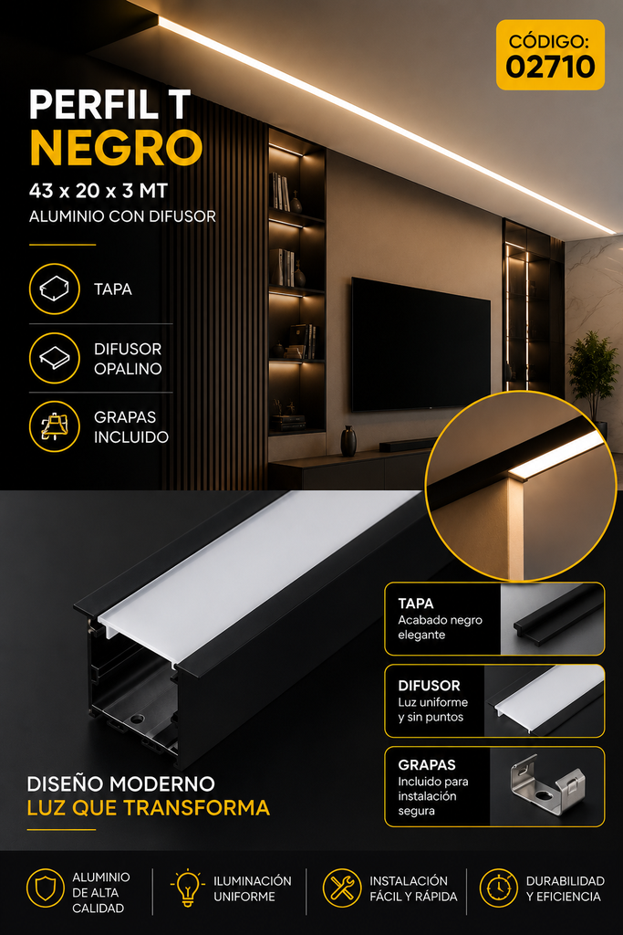 Perfil T Negro 43 x 20 x 3 MT Aluminio con Difusor