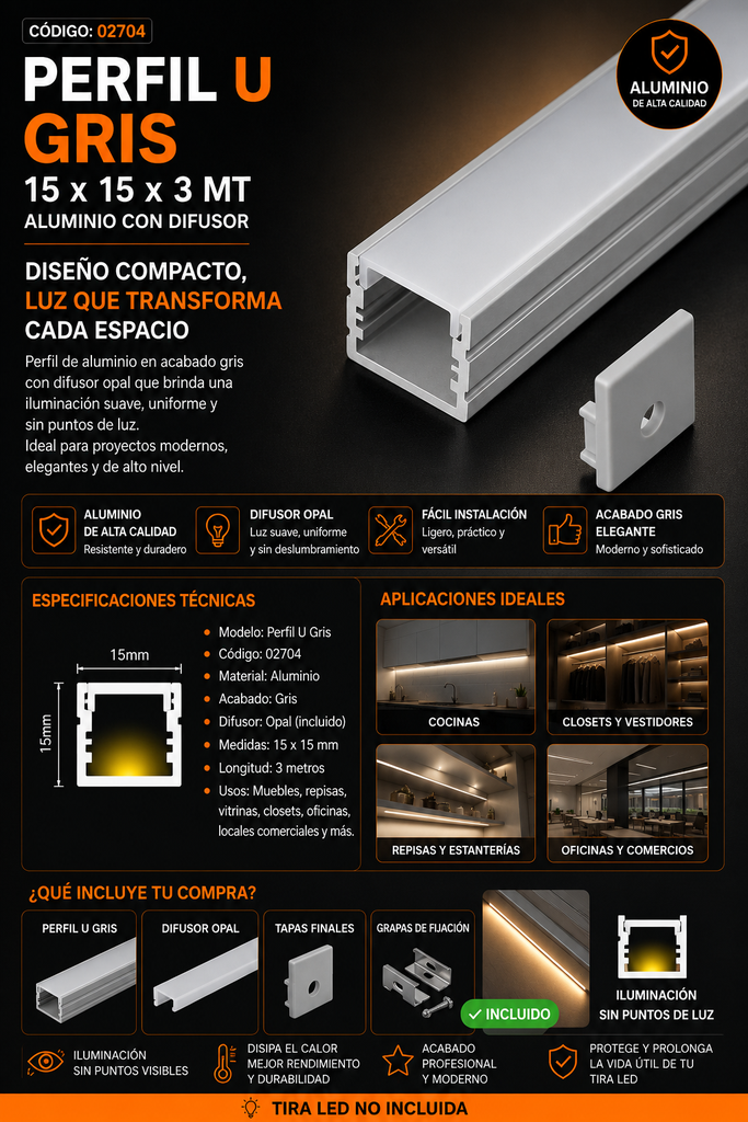 Perfil U Gris 15 x 15 x 3 MT Aluminio con Difusor