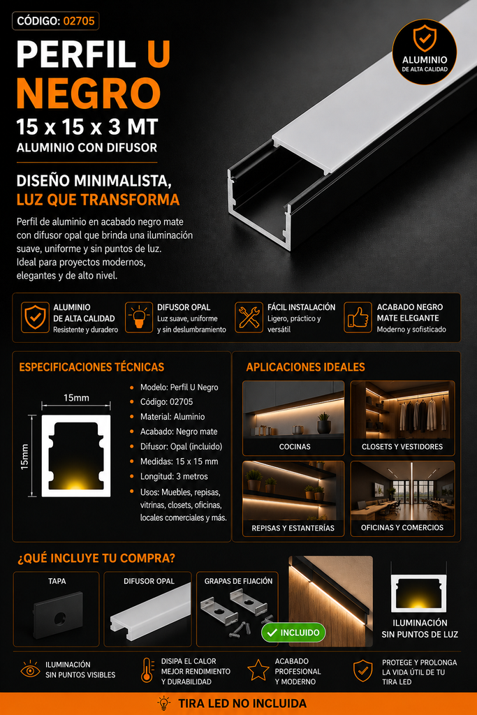 Perfil U Negro 15 x 15 x 3 MT Aluminio con Difusor