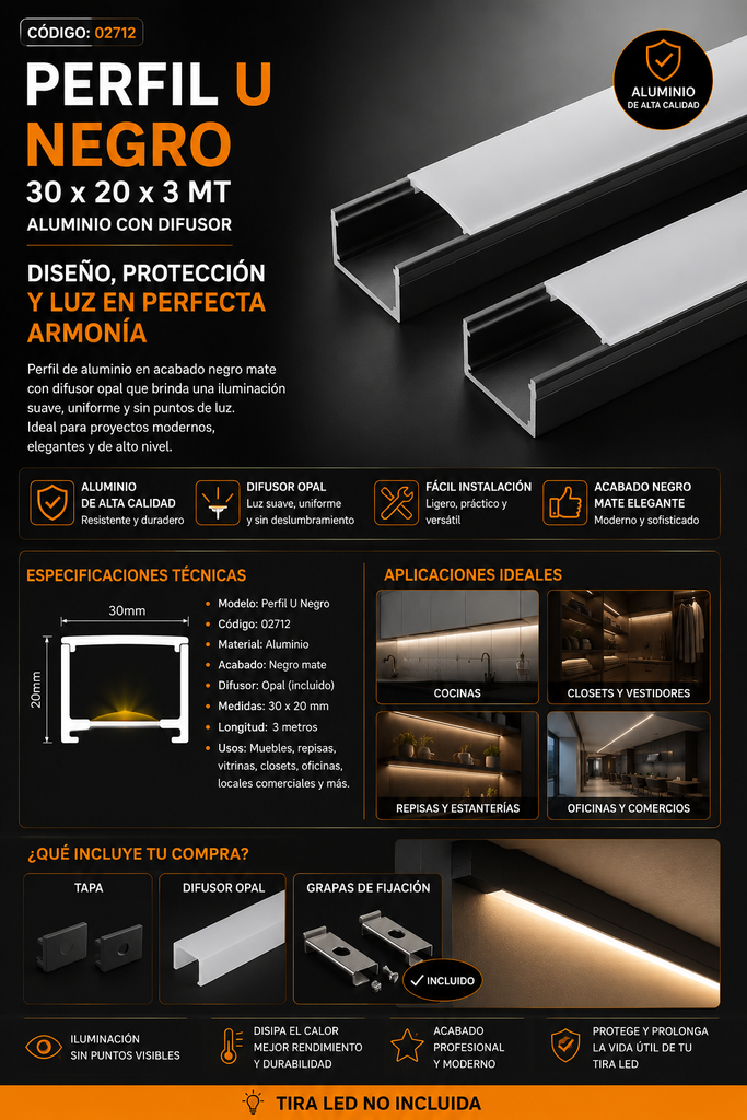 Perfil U Negro 30 x 20 x 3 MT Aluminio con Difusor