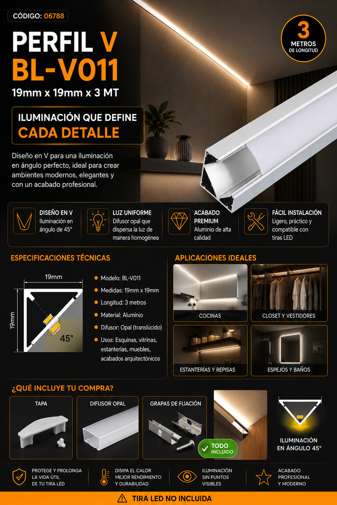 Perfil V BL-V011 19mm x 19mm X 3 MT ELECLUZ
