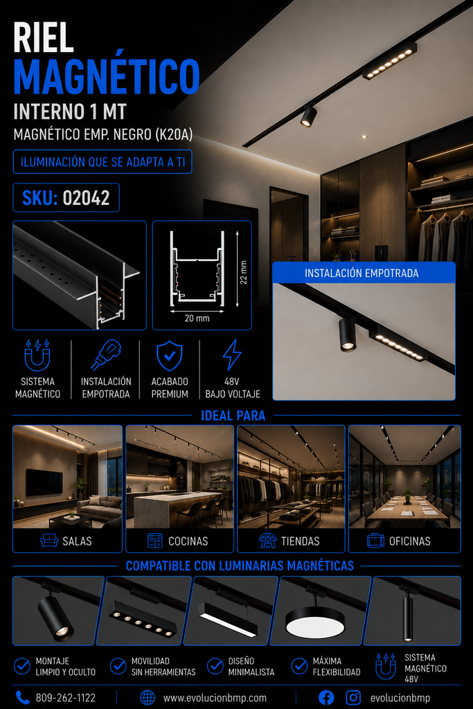 Riel Magnético Interno 1 MT Magnético Empotrable Negro (K20A)