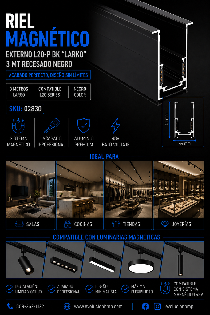 Riel Magnético Externo L20-P BK “LARKO” 3 MT Recesado Negro