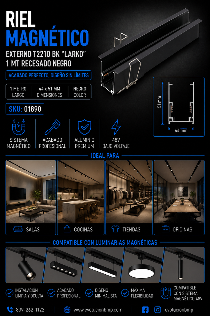 Riel Magnético Externo T2210 BK "LARKO" 1 MT 44*51 mm Recesado Negro